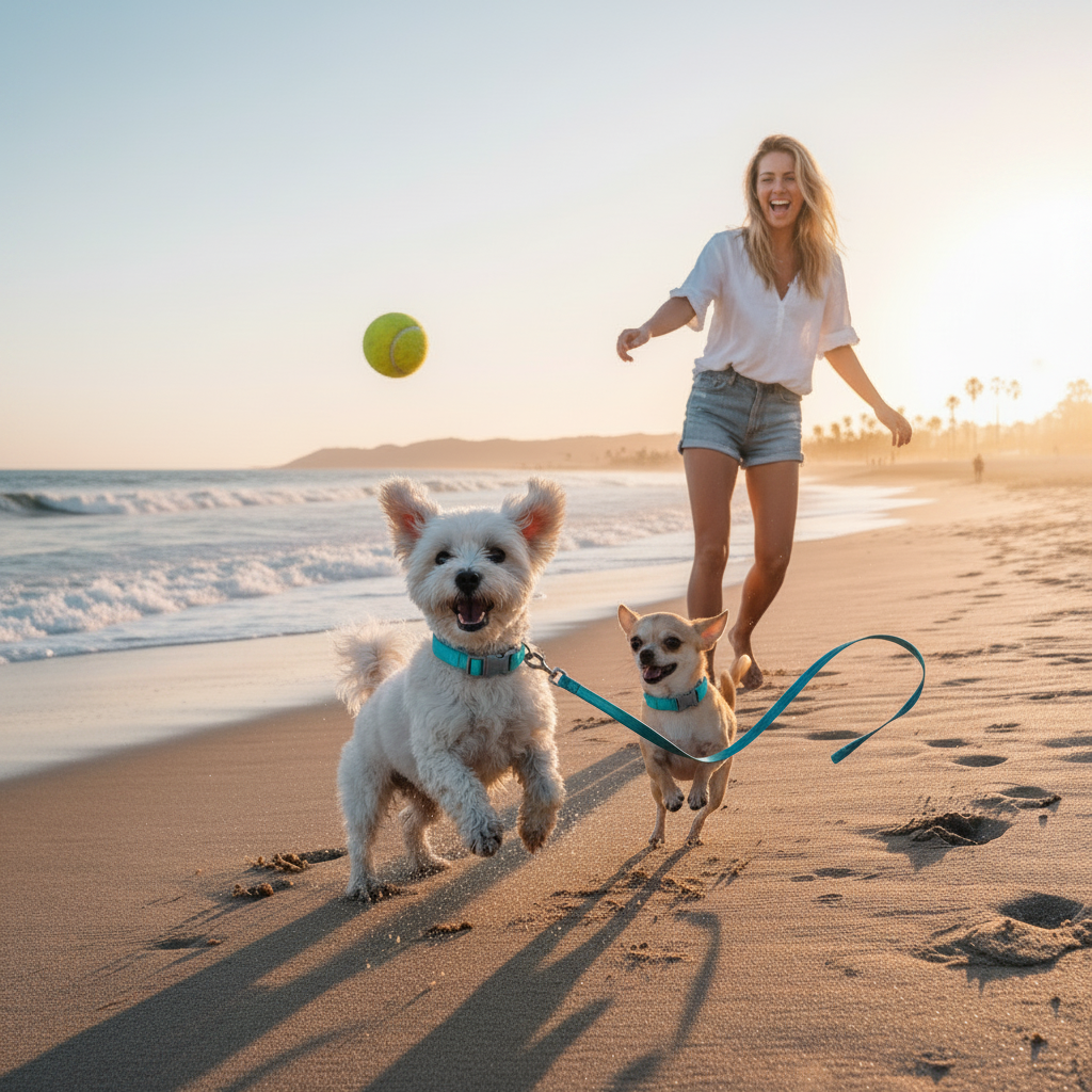 Small dogs wearing cyan blue adjustable collars playing at the beach