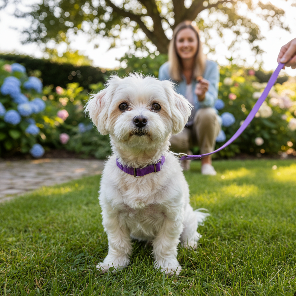 Maltese wearing a purple adjustable collar during outdoor training in a sunny garden