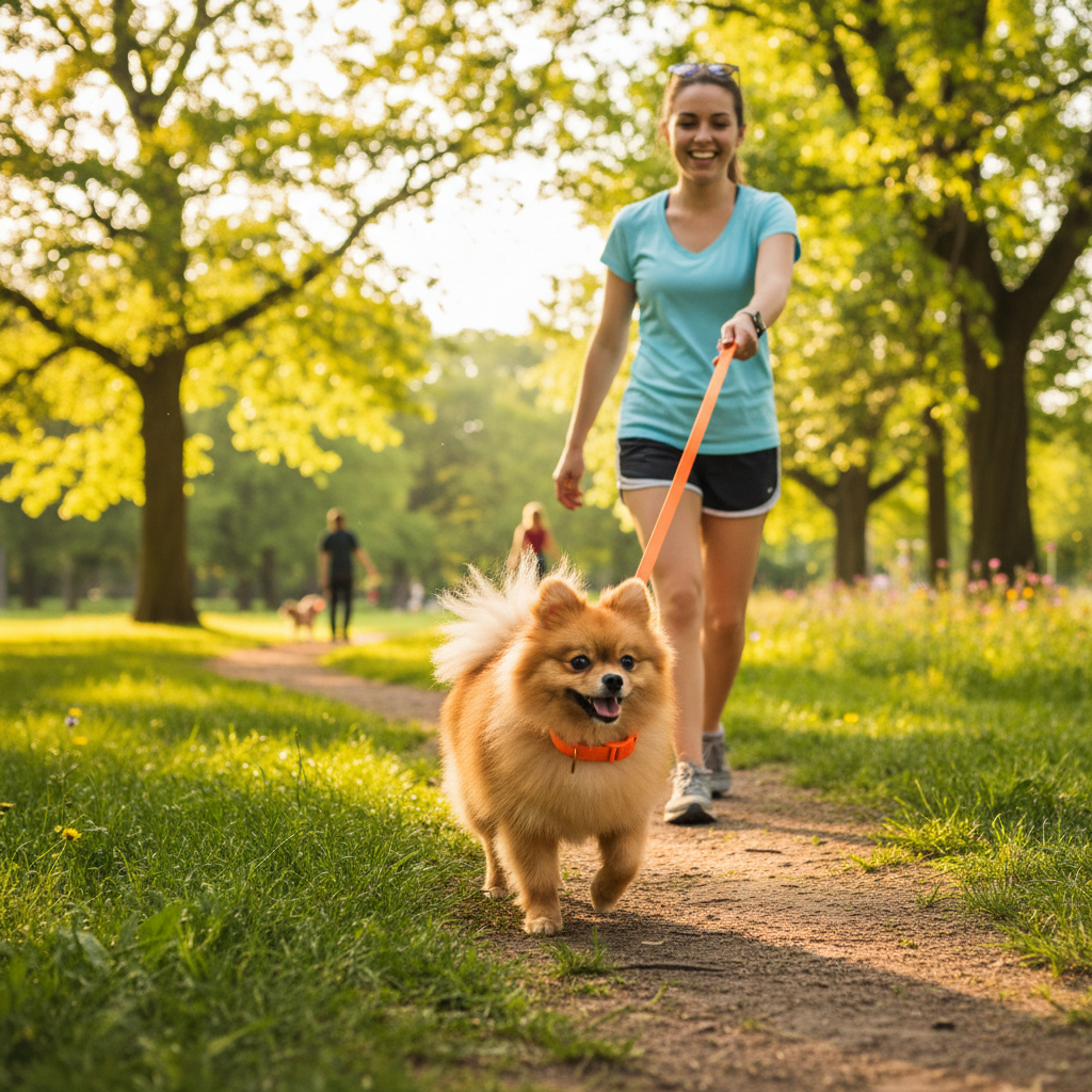 Pomeranian wearing an orange adjustable collar being walked on a sunny park trail